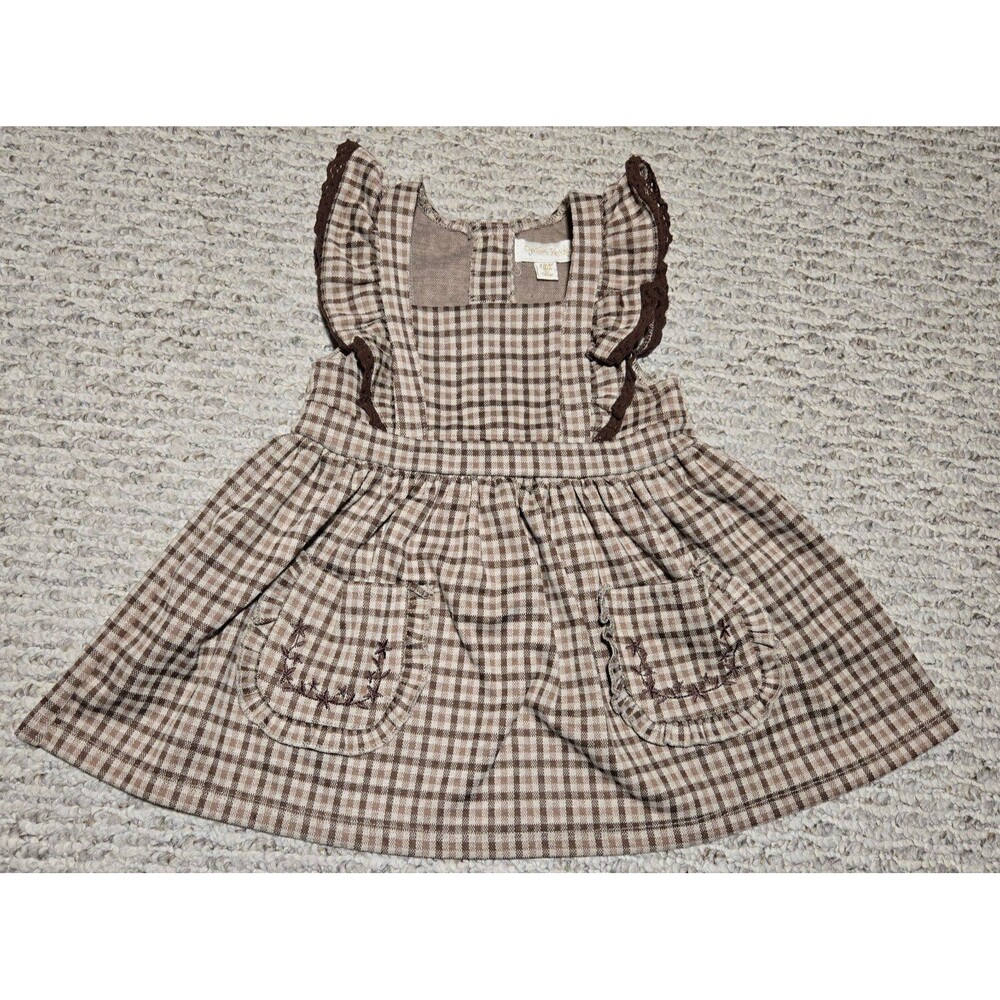 Cynthia Rowley Pinafore Dress Ruffle Sleeve Gingham Brown Beige 18 Months Fall
